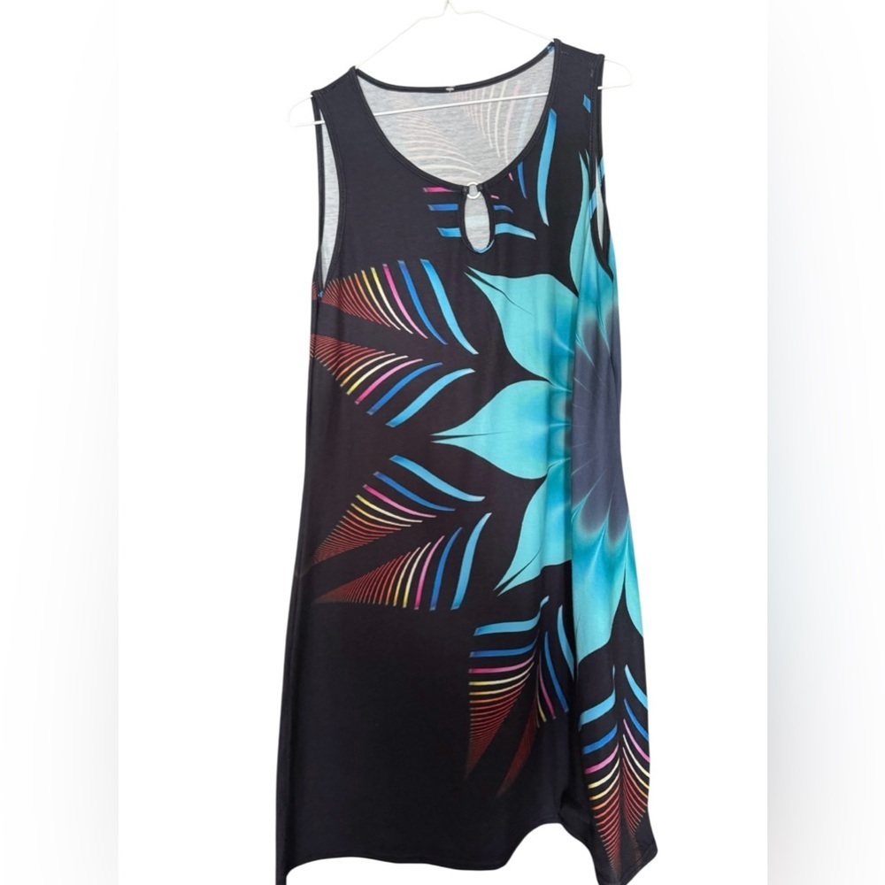 Sleeveless Black Dress with Blue and Red Bold  Pattern Size Large